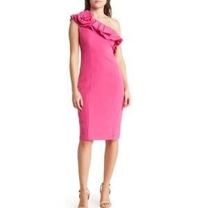 NWT Marina Fuchsia Ruffled One-Shoulder Knee-Length Dress Plus Size 16